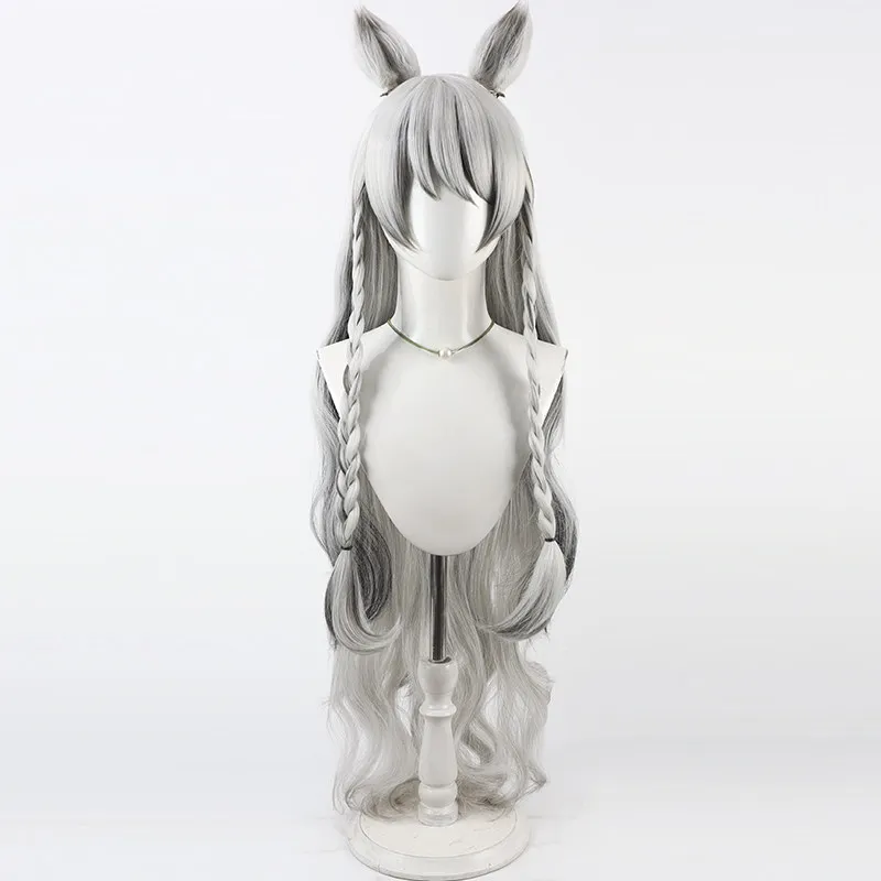 Game Arknights Pramanix Cosplay Wig Silver White Ombre Long Cosplay Wig With Detachable Ears For Comicon Party Adult Women Men