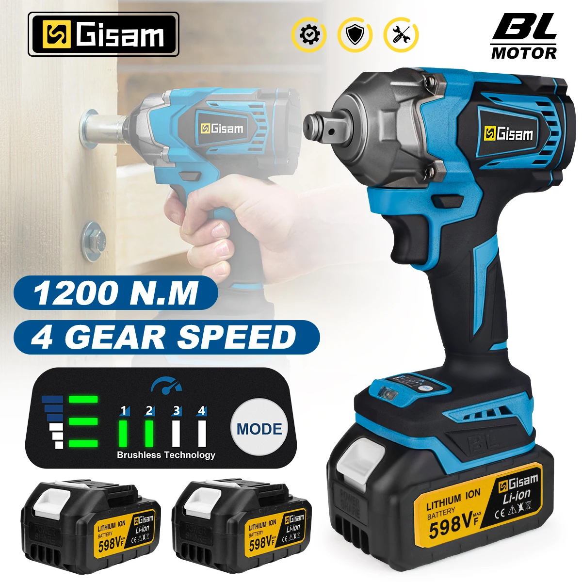 Gisam 1200N.M Bürstenloser Elektro-Schlagschrauber 1/2 Zoll 4-Gang Akku-Schrauber Bohrer Schraubendreher Autoreparaturwerkzeug Hochleistungs-Elektrowerkzeug für Makita 18V Akku