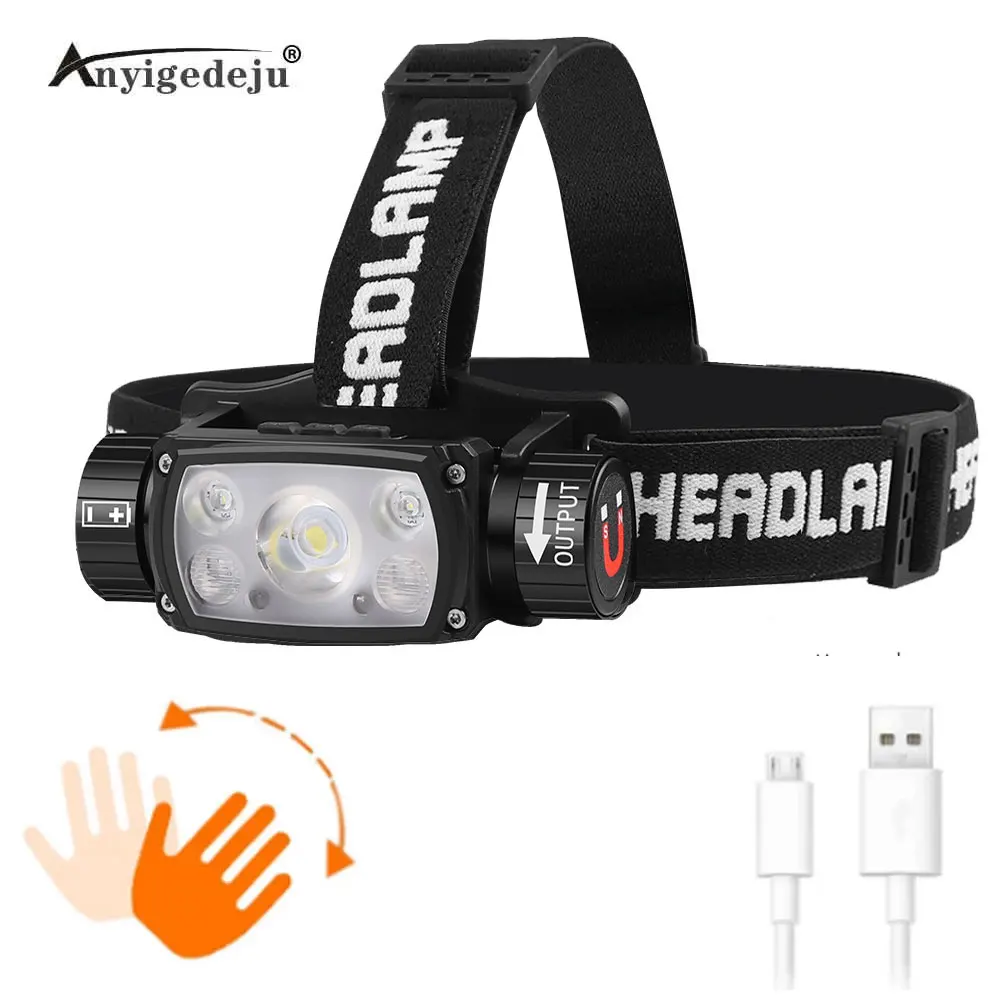 LED Headlamp Sensor Headlight Flashlight 18650 21700 USB Rechargeable Outdoor Head Lamp Torch Red Light Modes Work Lamp