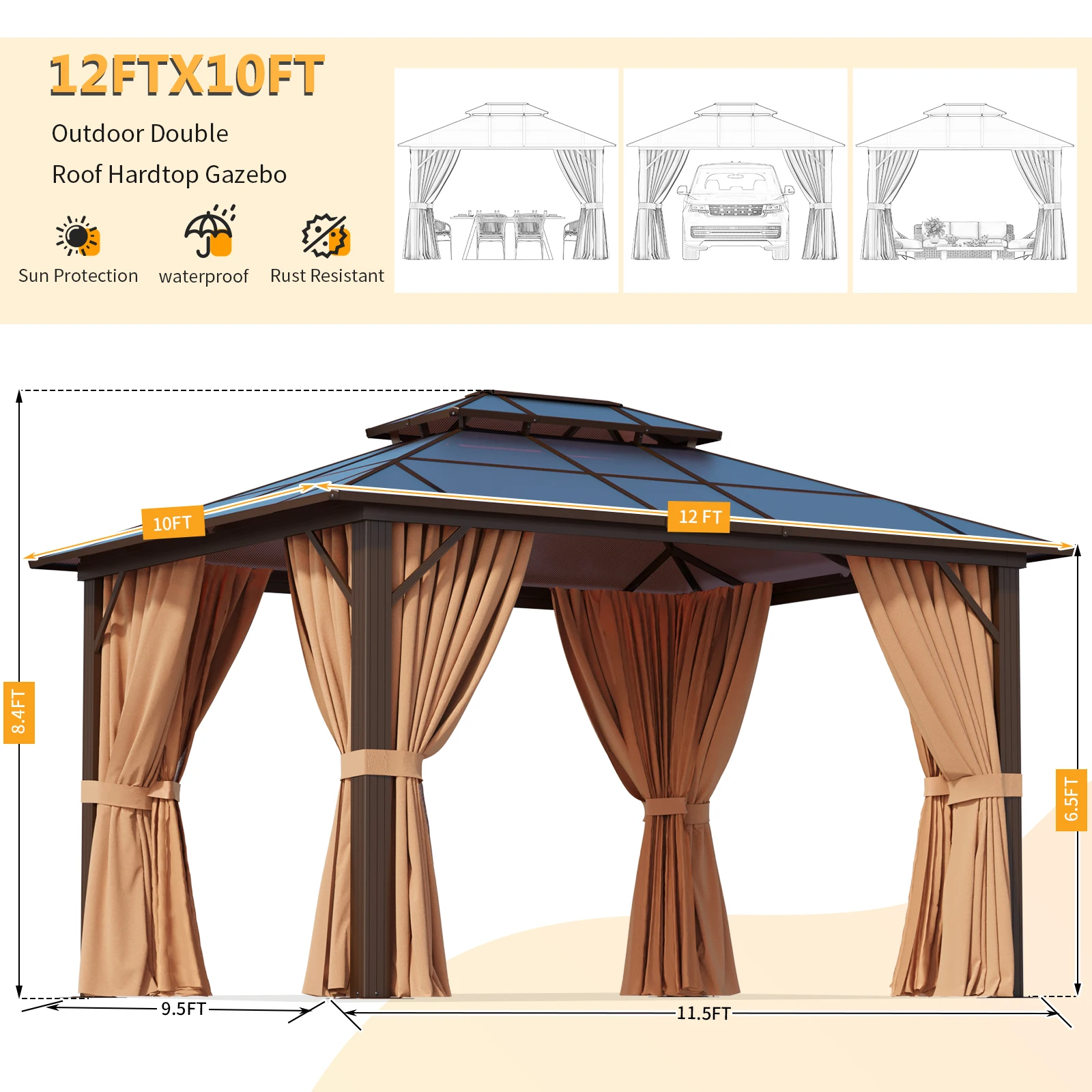 ศาลาโพลีคาร์บอเนต 10x12FT, ศาลาฮาร์ดท็อปหลังคาคู่สําหรับงานหนักพร้อมกรอบอลูมิเนียมและตาข่ายและผ้าม่านสําหรับลาน