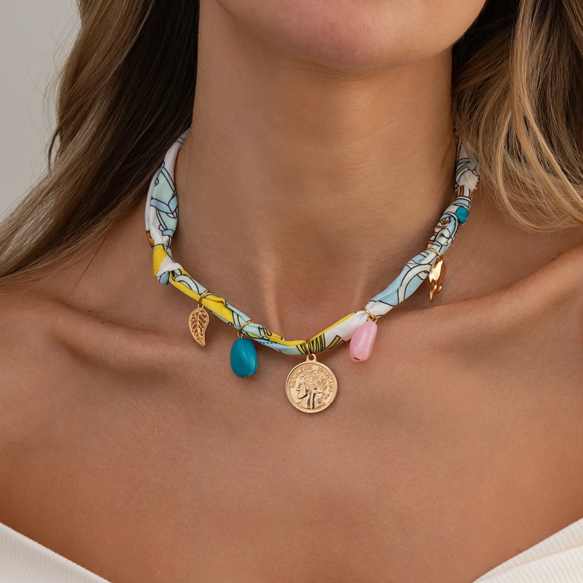 SHIXIN Boho Geometry Gold Color Round Coin Leaves Pendant Necklace Women Exquisite Weave Scarf Chain Adjustable Jewelry Accessor