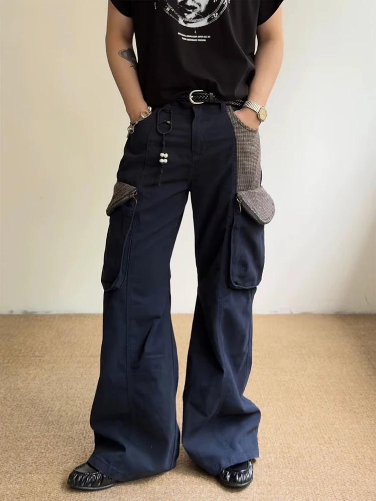 Streetwear Vintgae Multi-pockets Cargo Pants Mens 2026 Spring Fall Patchwork Straight Trousers Fashionable Breathable Bottoms