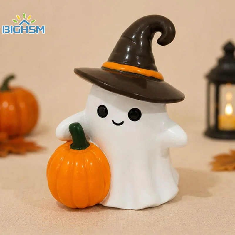 Resin Halloween Ghost With Pumpkin Ornament Mini Desktop Decor For Desk Window Sill Holiday Photo Prop Gift