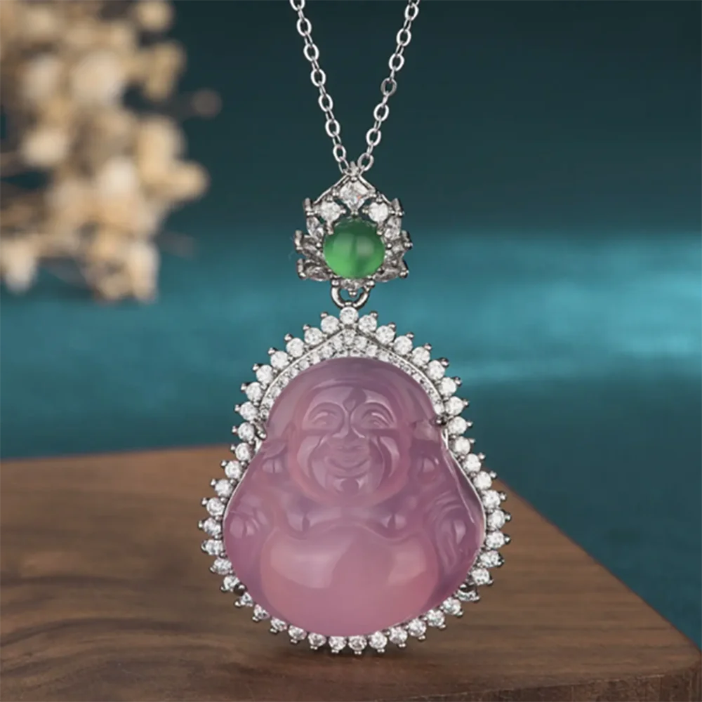 

Jade Pendant Necklace Buddha Crystal Charm 18K White Gold Plated Chain Gemstone