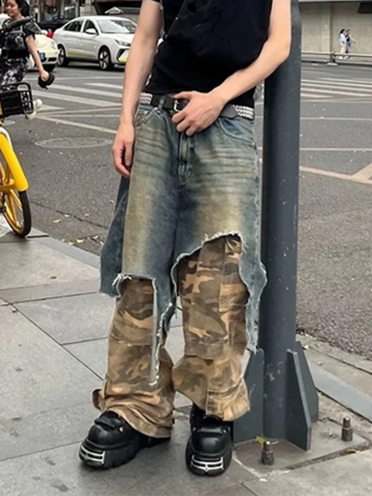 MIJKO High Street Wasteland Style Camouflage Patchwork Cargo Pants Unisex Straight Multi-Pocket Color Block Jeans