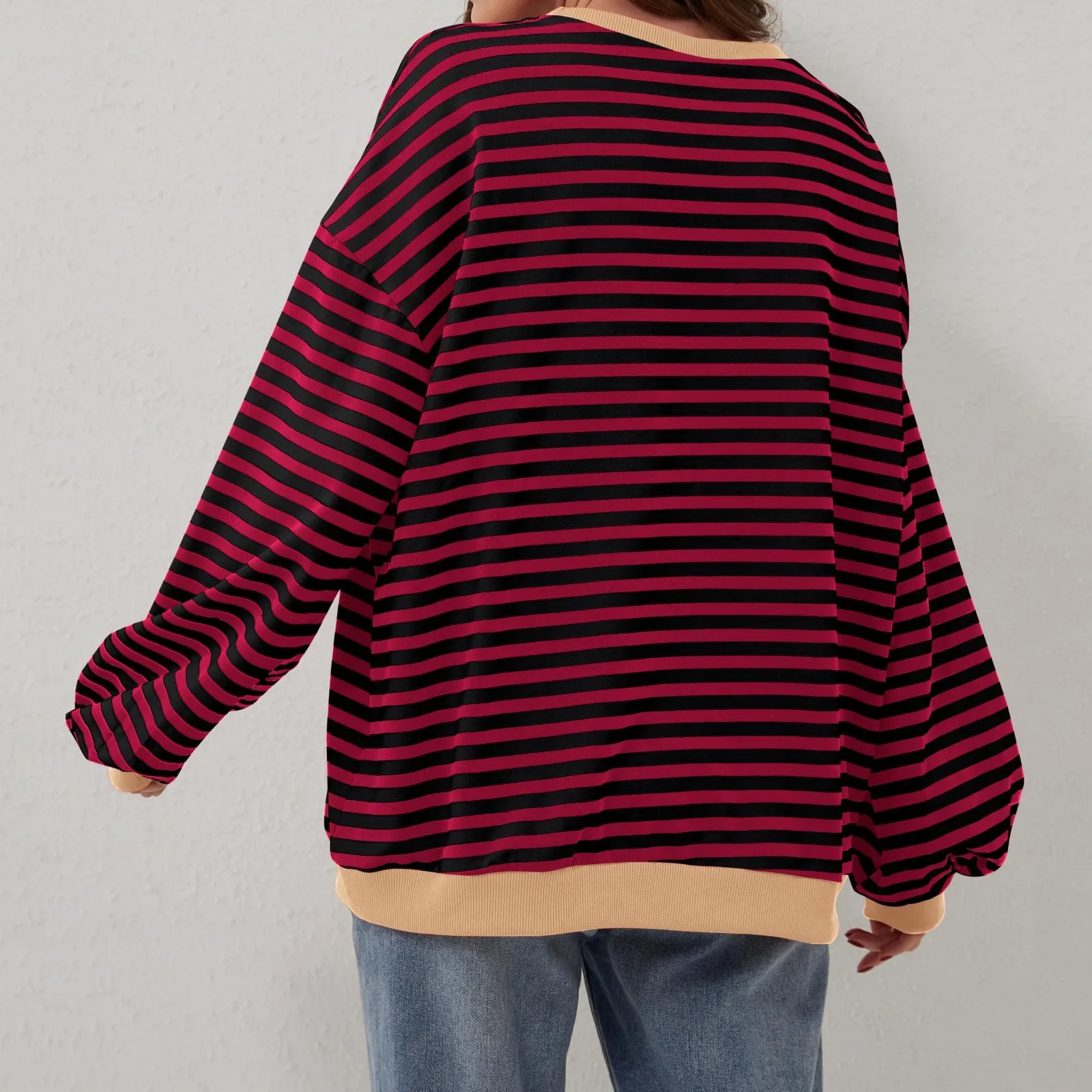 Women\'s Oversized Striped Color Blocking Long Sleeved Round Neck Sports Shirt Casual Loose fashion 2024 women\'s clothing