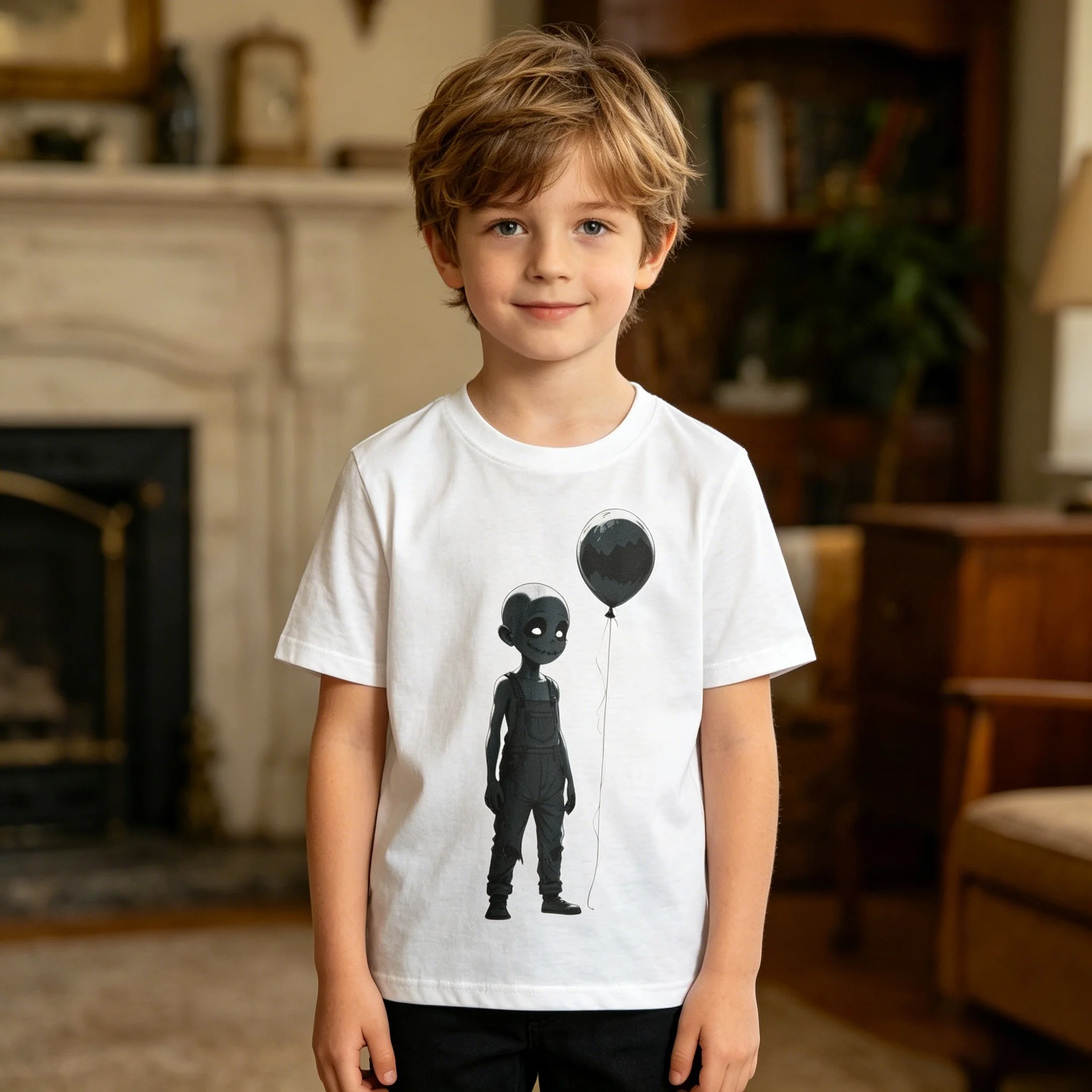 Stitched Smile Shadow Kid Balloon Graphic Tee Loose Casual Fit Soft Breathable Cotton for Daily Outdoor Activity Multiple Sizes