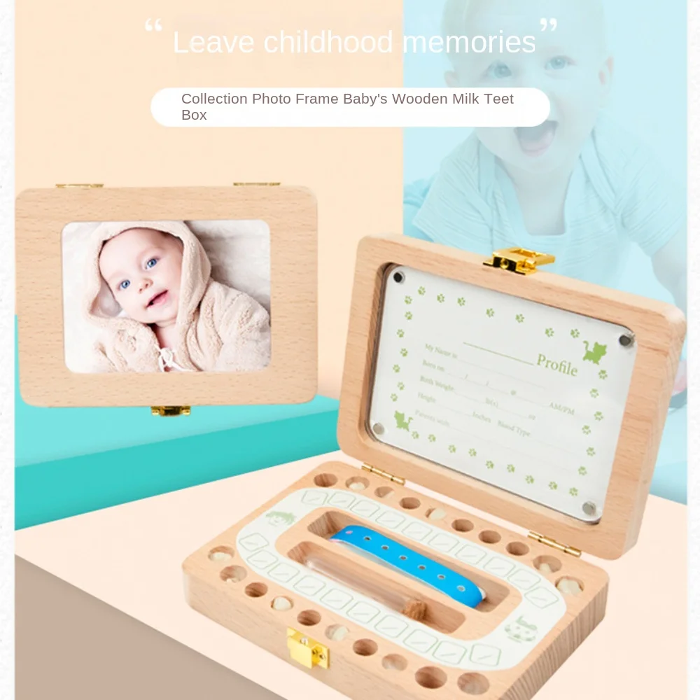 Baby Tooth Box Wooden Dental House Children Teeth Drop Box Hoto Frame Teeth Hair Storage Container Saver Memorial Box Kids Gifts