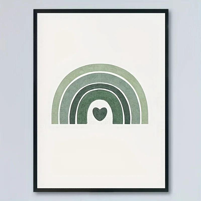 2D Flat, 1pc Frameless 2D Flat Canvas Painting, Multiple Size Options, Mint Green Rainbow with Heart Shape Wall Art Poster -