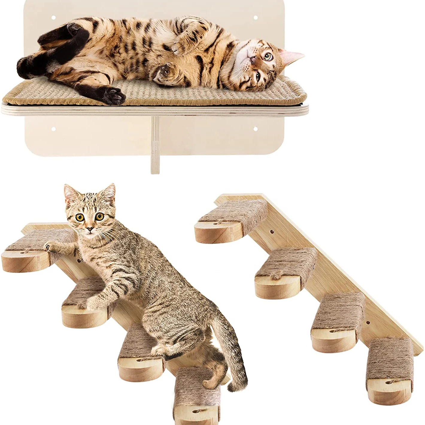 

Wall Mounted Cat Climbing Shelf with 4 Steps Cat Hammock Wall Shelves and Perches Set Wooden Scratching Platform for Indoor Cat