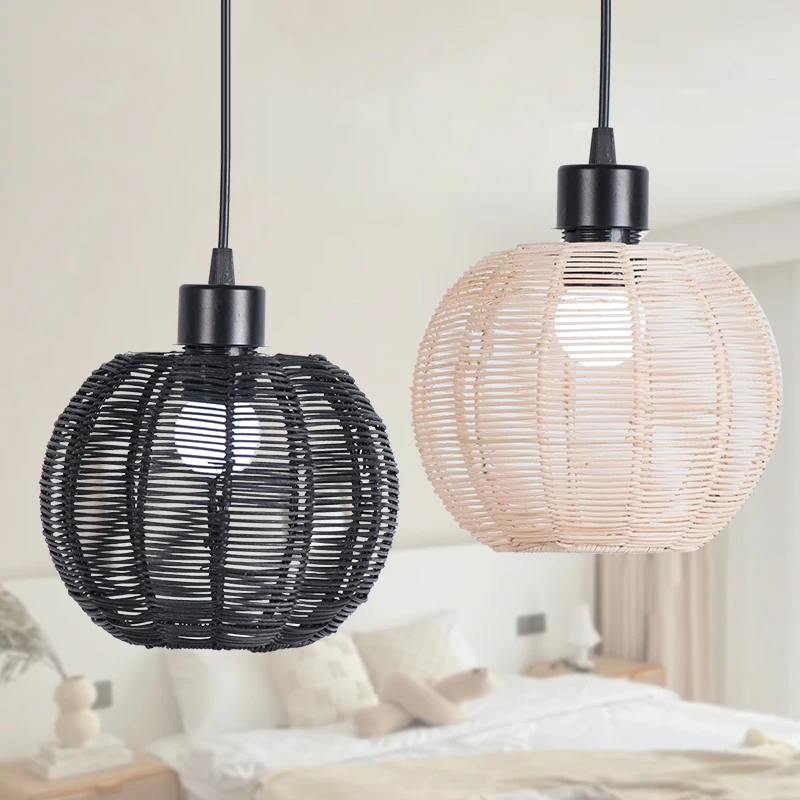 New Vintage Hand Weave Lampshade Imitation Rattan Paper Rope Straw Hanging Lamp Shade Teahouse Restaurant Chandelier Light Cover