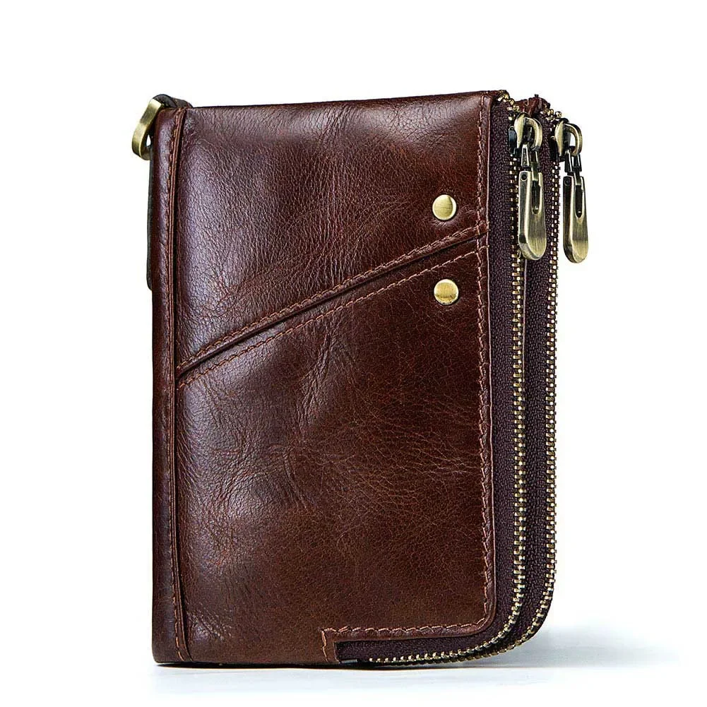 

RFID Genuine Leather Men's Wallet Short Double Zipper Vertical Wallet Fashion Casual Coin Purse