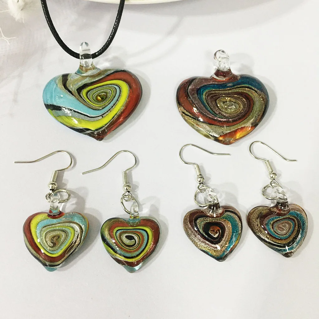 1 Set Fashion Red Blue Glass Murano Heart Shape Lampwork Love Pendant Necklace Earrings For Women Cheap Items With Jewelry Set