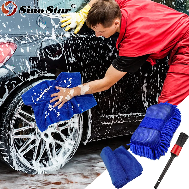 

Car Wash Chenille Microfiber Sponge Detailing Towel and Brush Kit Scratch Free Super Absorbent Ultra Soft Lint-Free Streak-Free