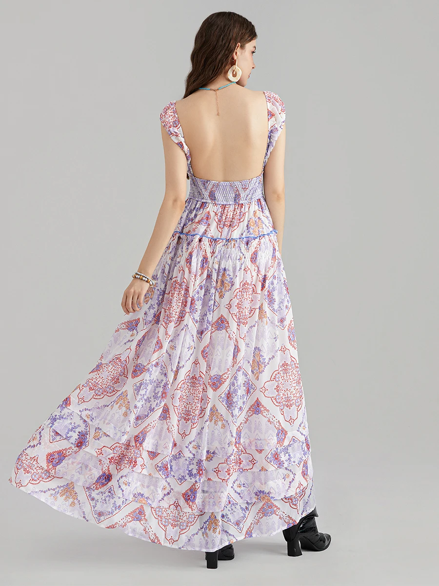 Robe longue à fleurs style Boho pour femmes, col en cœur, mancherons, smockée, maxi, trapèze, fluide, été, printemps, Y2k