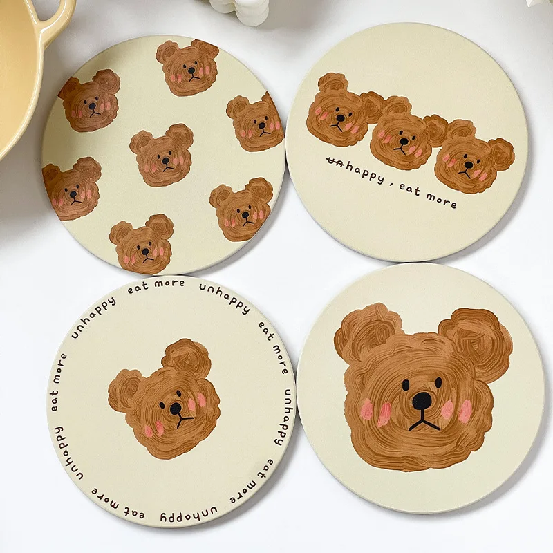 

Emo Bear Coasters Creative Ceramic Heat Insulation Mats Simple Household Absorbent Anti-scald Pot Mat Kitchen Home Accessories