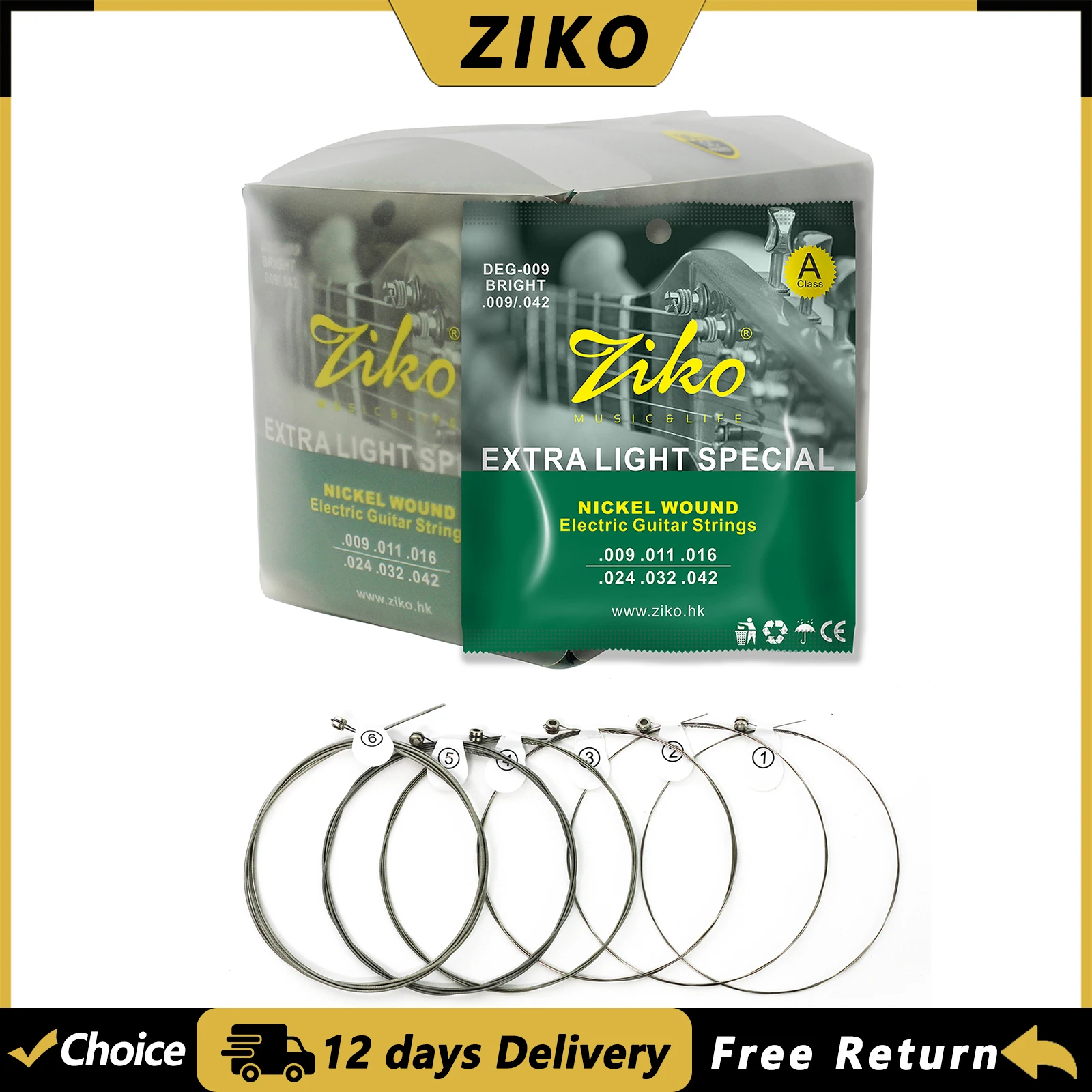 Cordes de guitare électrique ZIKO DEG-009, âme en acier, revêtement de surface en nickel, pièces et accessoires pour guitare, 1/5/15/30 ensembles
