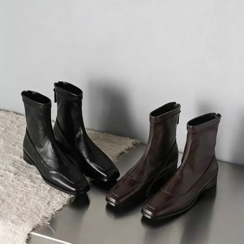 

Women's Pleated Square Toe Low Heel Ankle Boots Back Zipper PU Leather Solid Color