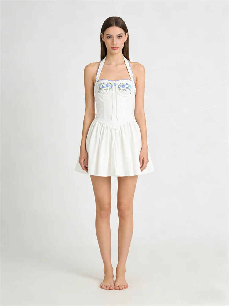 Mini abito con ricamo floreale all'americana Abito estivo da donna con papillon senza maniche con volant e schiena scoperta Abiti da vacanza da donna sexy Boho Party Nuovo