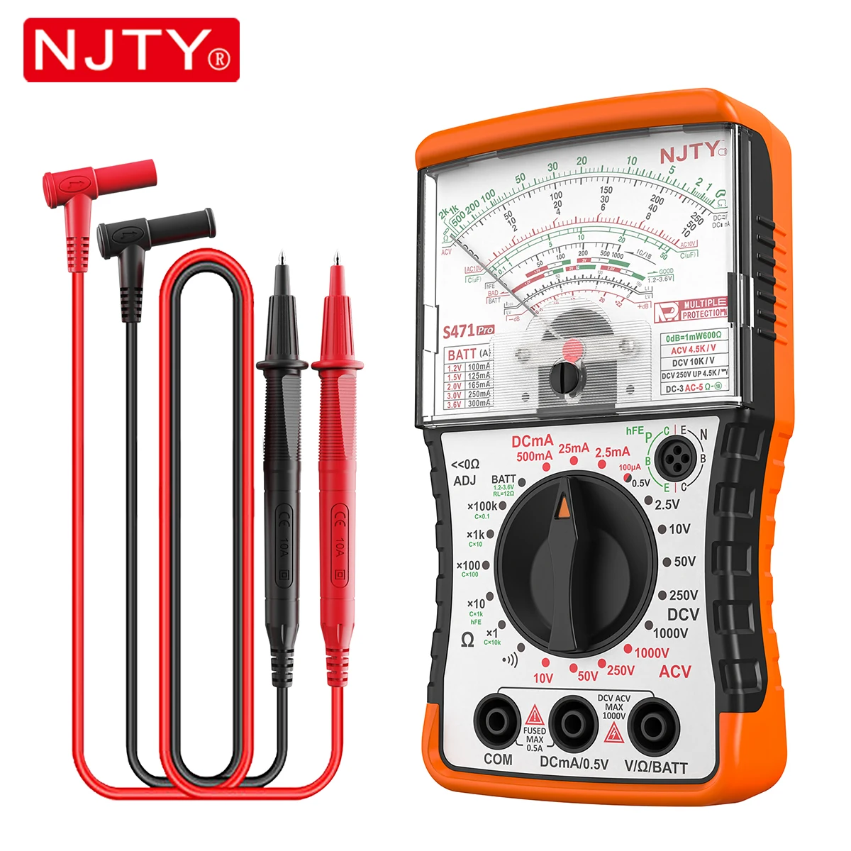 NJTY S471Pro Analog Pointer Multimeter Manual Range 1000V AC/DC Voltage Tester DC Current Resistance Measurement High Precision