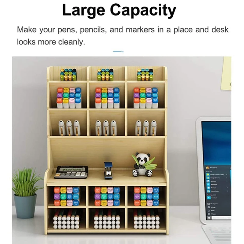 Wooden Desk Organizer, DIY Pen Holder Storage Box Desktop Stationery Storage Rack, Pan Organizer Caddies image 4