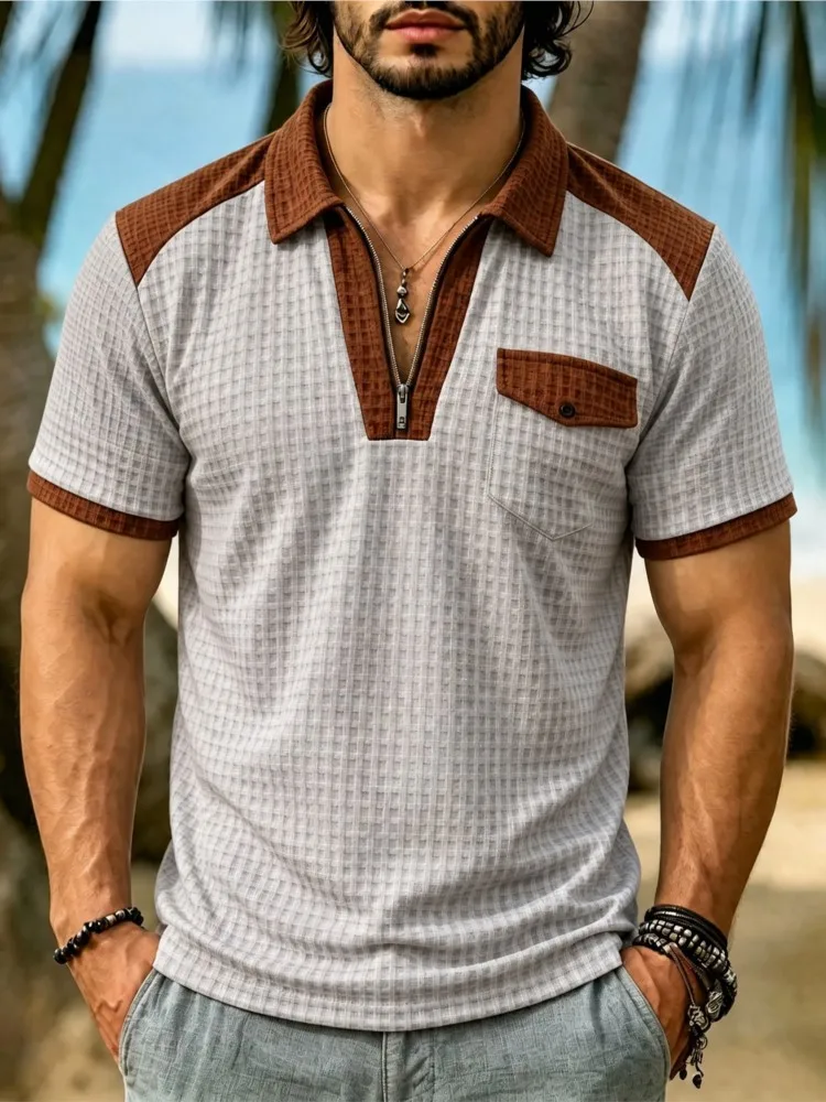 2026 New Men's Short Sleeve T Shirt Grid lapel Polo Shirt with Pockets Breathable Loose Basic Shirts for Men All-Match Polo Tops