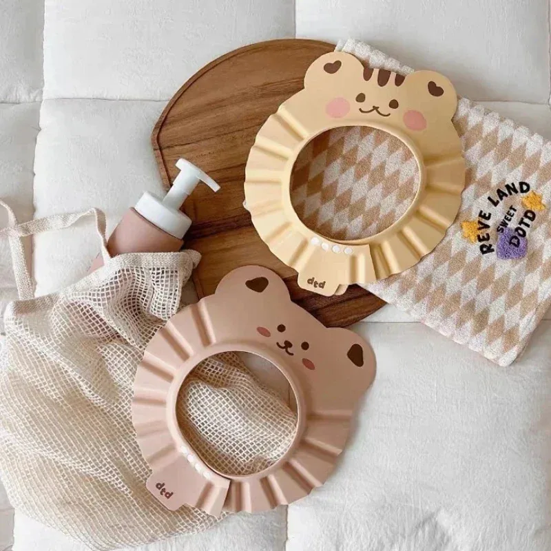 Cuffia da doccia regolabile con orso carino, protezione per gli occhi del bambino, protezione per le orecchie, protezione per il bagno infantile, cappello per lavare i capelli morbidi