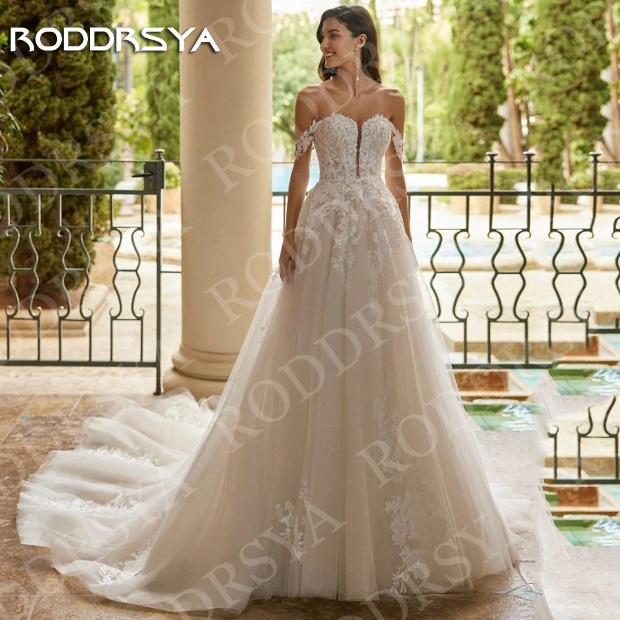 

RODDRSYA Romantic Off the Shoulder Wedding Dresses vestidos de novia Applique Lace A Line Sweetheart Tulle Bride Gown Customized