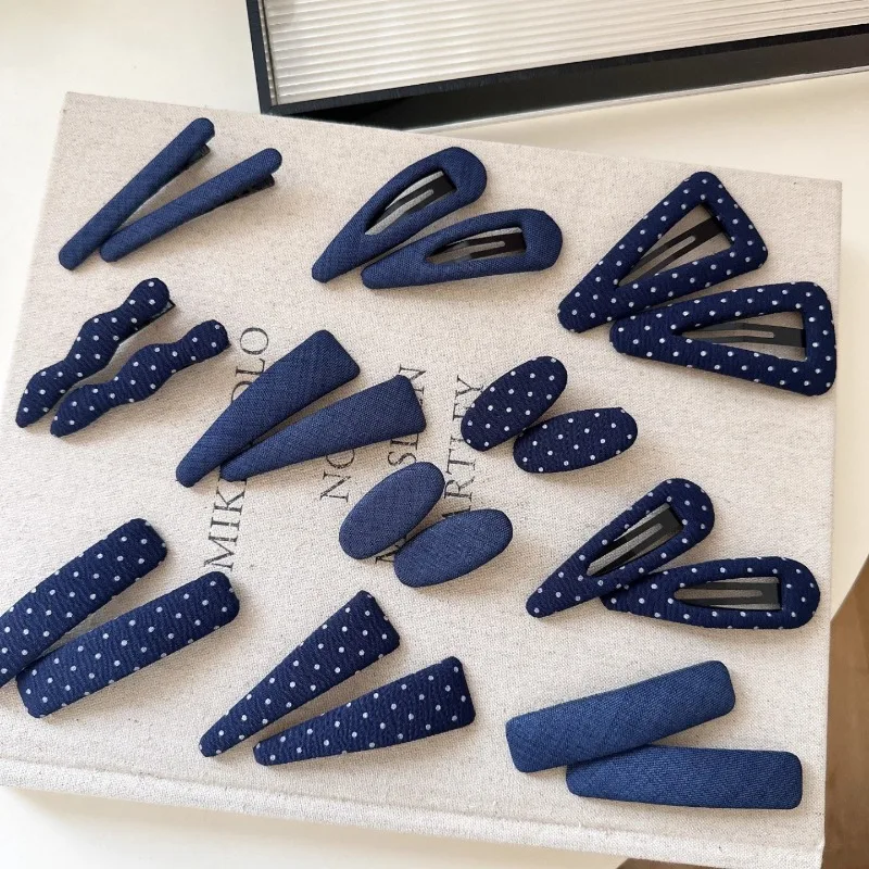 

Винтажная корейская заколка для волос, темно-синяя тканевая заколка в горошек, аксессуары для волос ручной работы без повреждений для женщин, заколки для волос для девочек