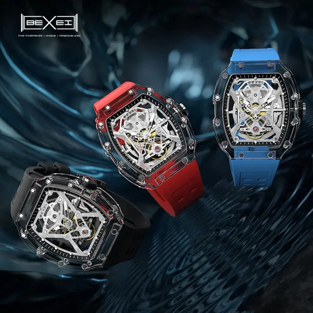 BEXEI 2025 ساعة شفافة للرجال ساعات يد ميكانيكية أوتوماتيكية ساعات هيكل عظمي مضيئة مقاومة للماء
