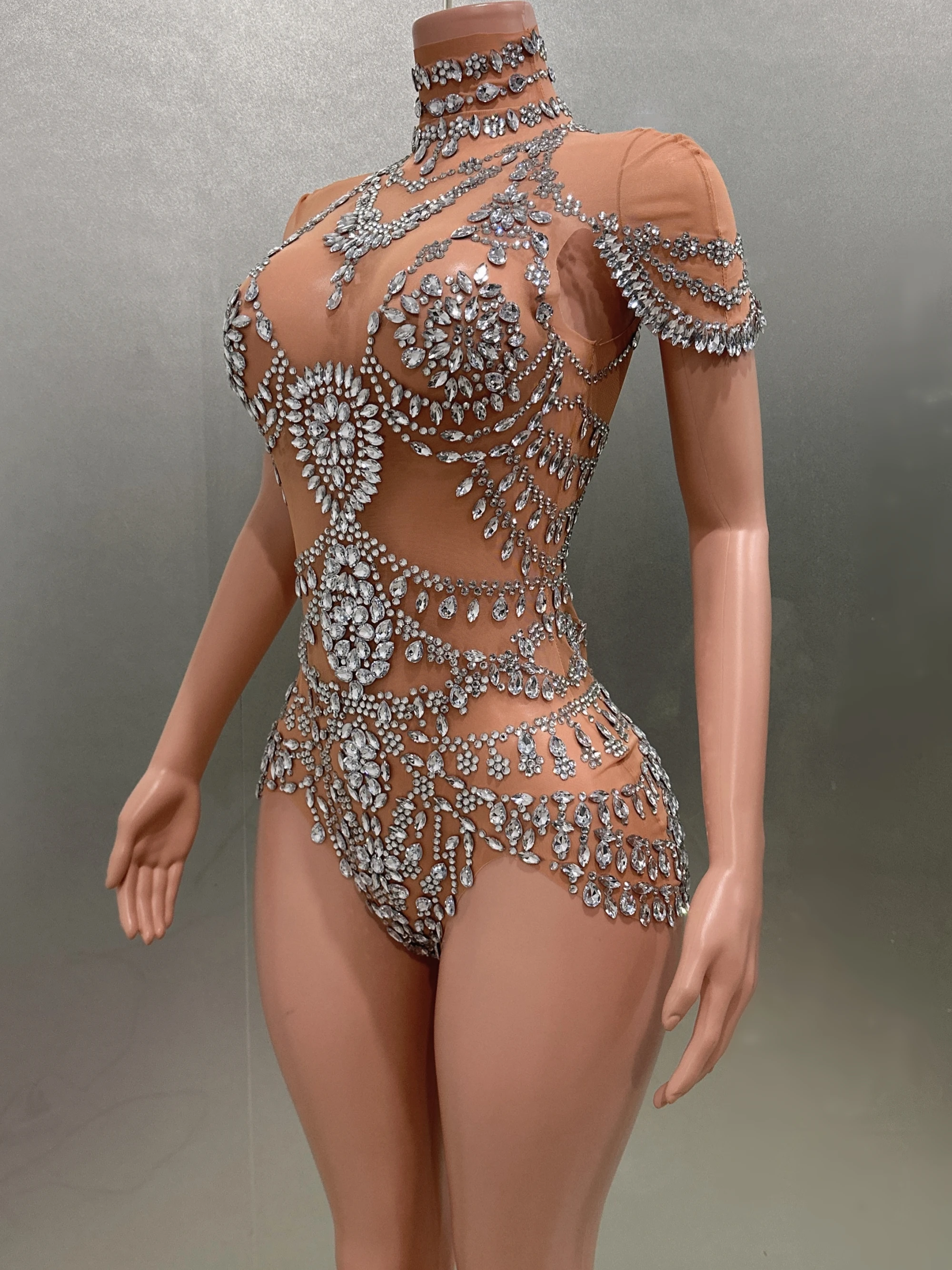 Luxury Rhinestones Sexy See-Through Sheath Bodysuit Evening Party Performance Costume Bar Nightclub Singer Dancer Stage Wear