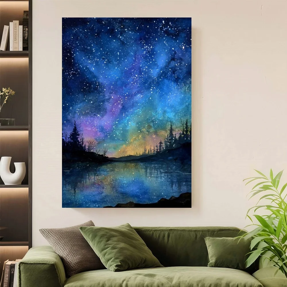 

Framed Flat, Suitable for /Office Wall Decor - Starry Night Forest Lake Painting with Hand-Wrapped Wooden Frame, Deep Blue & Pur