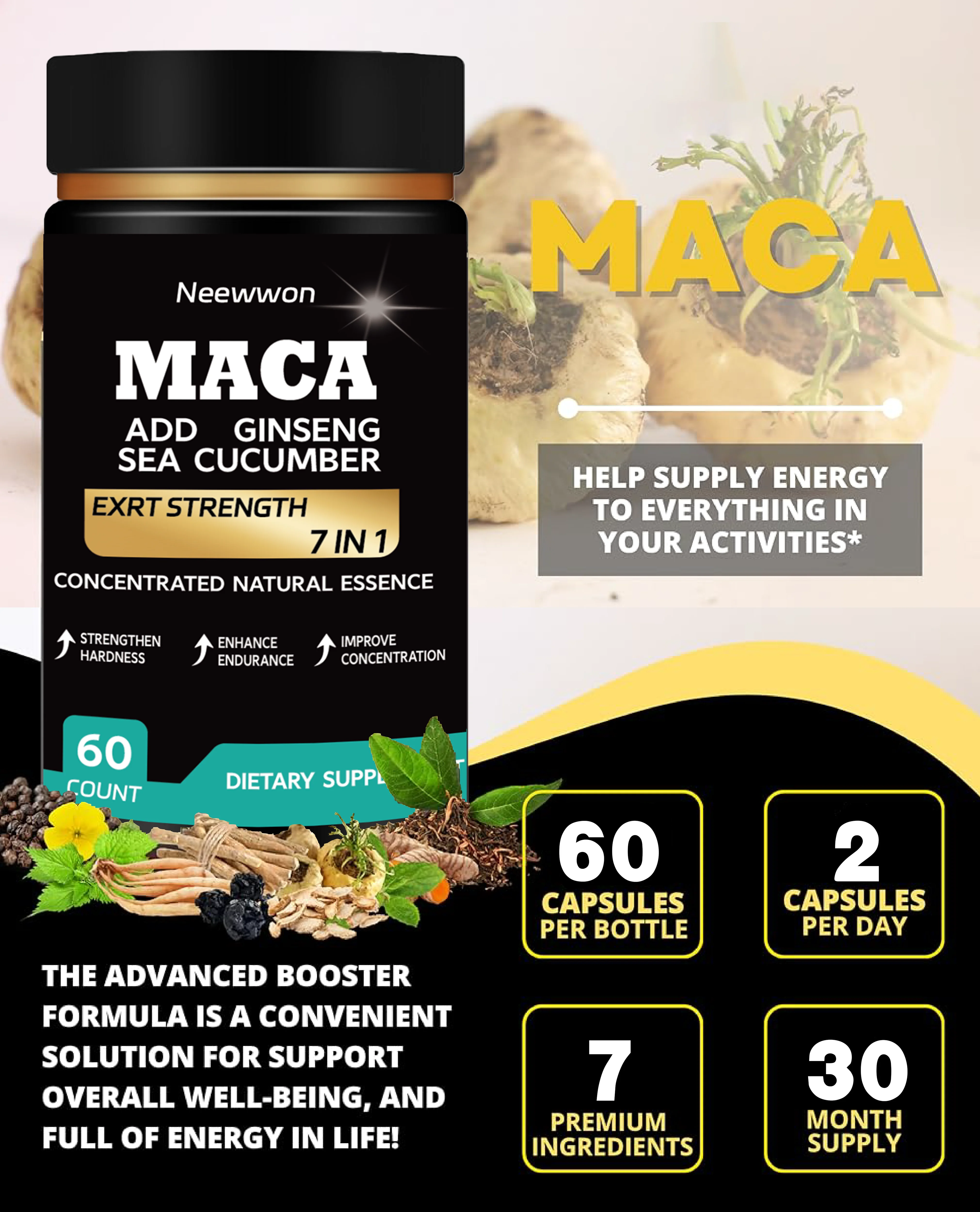 

оригинальный корень черной маки, Ashwagandha, Panax Ginseng, капсулы Fenugreek, добавка для улучшения мужского пола, натуральный органический 4-в-1