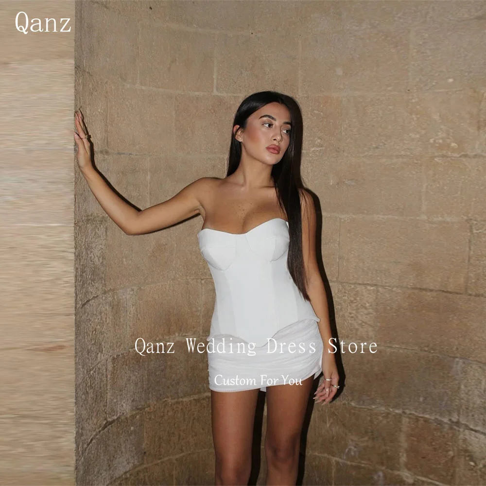 

Qanz Mini White Wedding Party Dresses Sweetheart Short Corset Back Vestidos De Novia Boda Sleeveless Robes De Mariée Customized