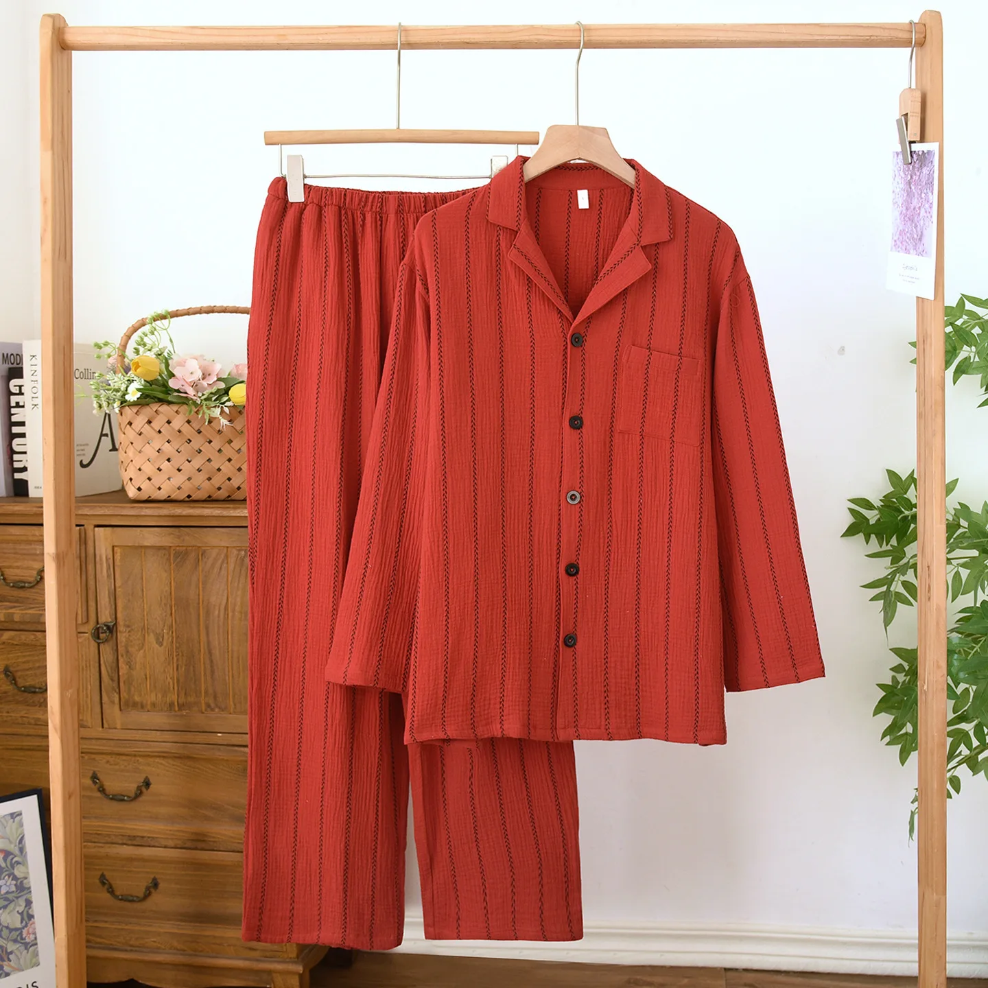

Red Color Trousers Pajamas Set for Couples Cotton Striped Printed Long Sleeve Long Pants Wedding Bridal Gift Homewear Set