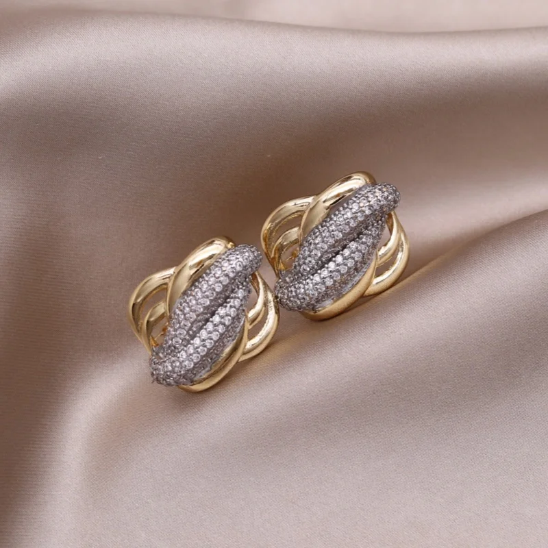 Korean new design fashion jewelry two-color plated metal geometric cross zircon earrings elegant women's daily work accessories