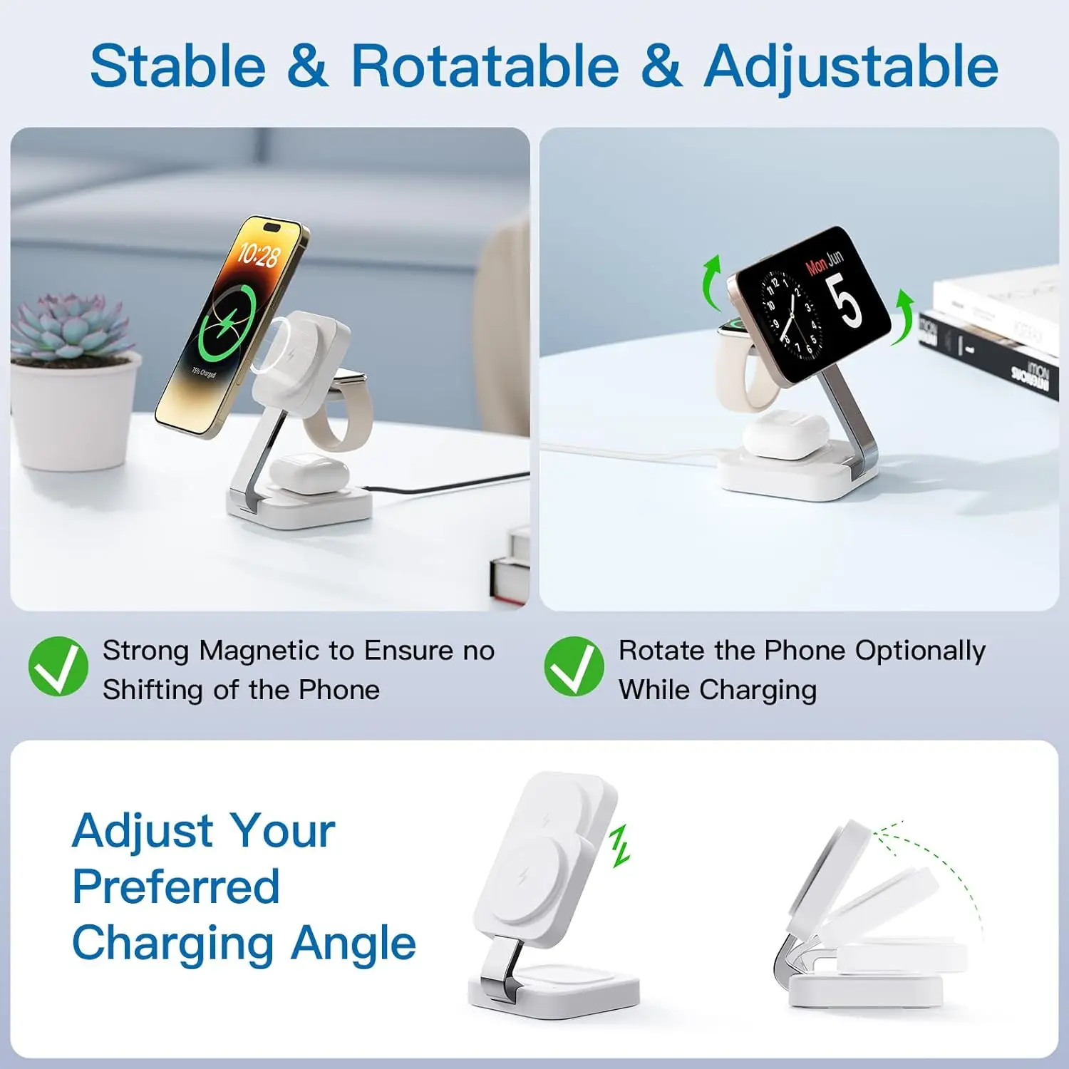شاحن مغناطيسي 3 في 1 سريع لهاتف iPhone 17/16/15/14/13/12 Pro Max & AirPods 4/3/2 Pro - محطة شحن لاسلكية، أبيض