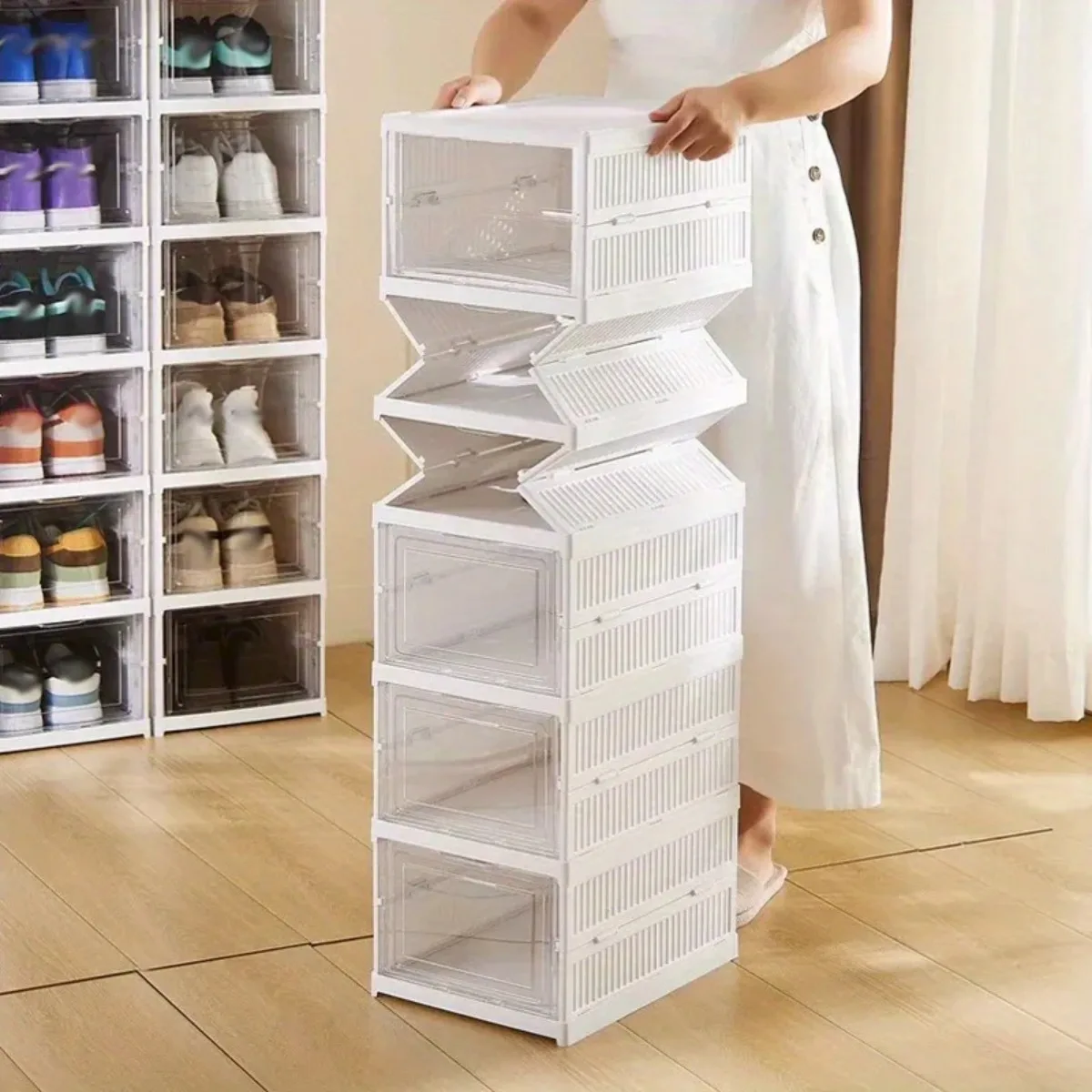 Shoe Storage Cabinet Stackable Organizer Dustproof Plastic Shoe Box Storage Rack with Doors Space Saving Entryway