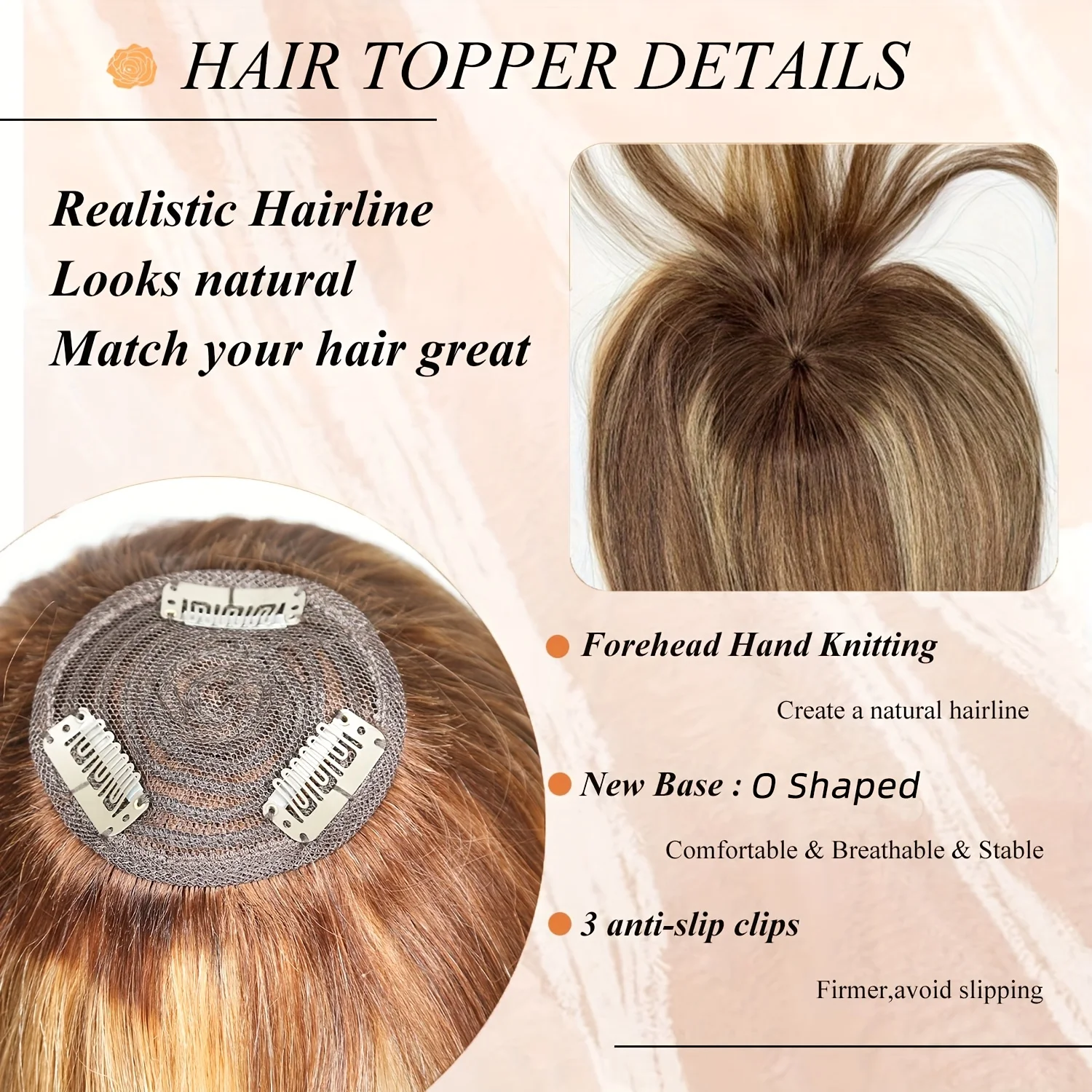 Topper Hair Clip Extensions with Bangs Made from Human Hair, Topper Hair Clip with Bangs 360° Design Hair, #4/27 Chocolate Brown