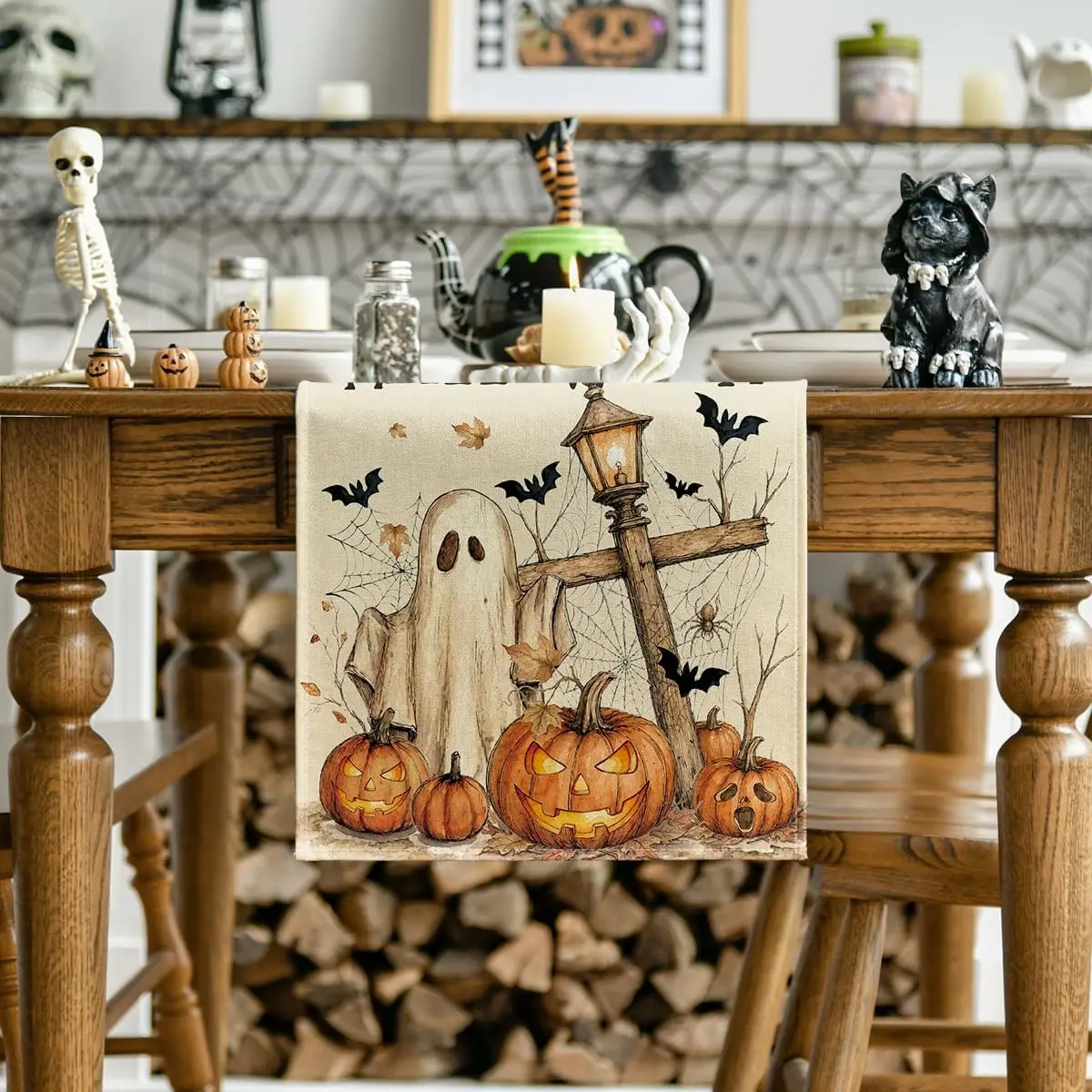 Halloween Ghost Cross Pumpkins Bats Linen Table Runner Party Decoor Reusable Kitchen Dining Table Runner Halloween Decorations