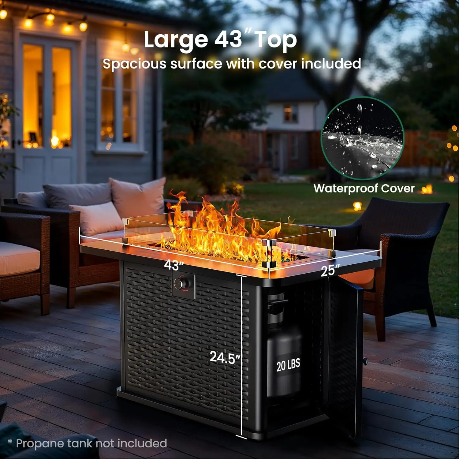

43 Rectangular Outdoor Propane Fire Pit Table with 60,000 BTU, Premium Gas for Patio, 304 Stainless Steel