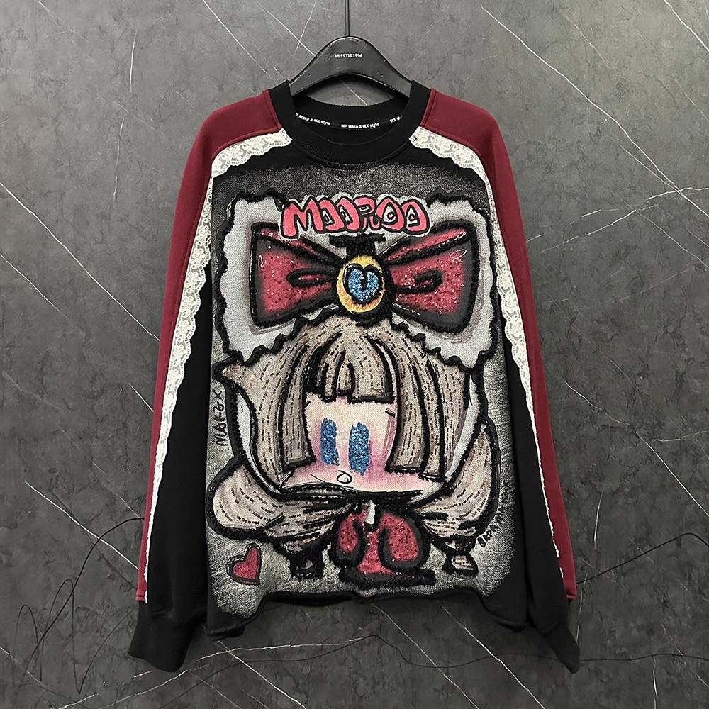 

Толстовки больших размеров, свободные весенне-осенние новые модные дизайнерские женские подиумы с мультяшным принтом для девочек, топ с вышивкой и блестками