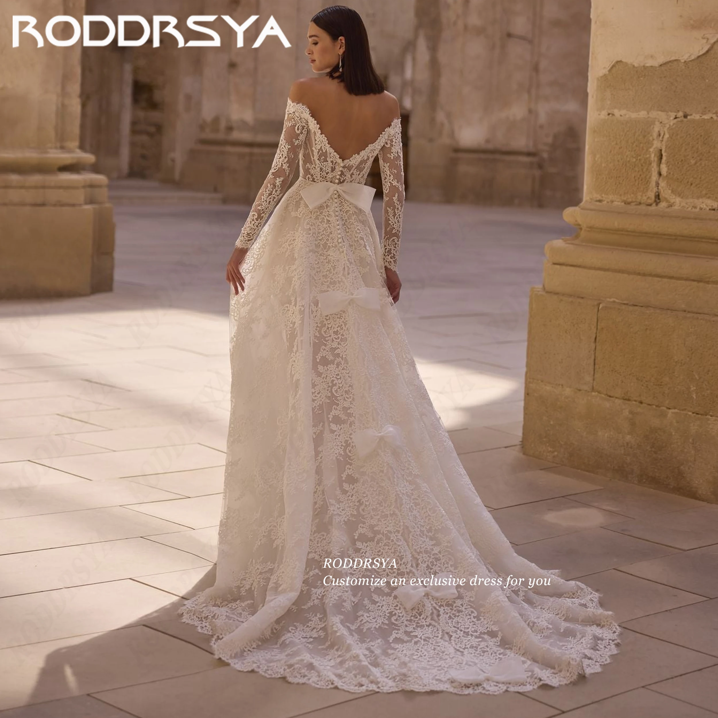 RODDRSYA 2026 Spitze Brautkleid mit Bogen abnehmbaren Zug lange Ärmel Brautkleider Maßgeschneiderte off-Schulter Brautkleider mit abnehmbaren Zug Spitze coset Body Brautkleid für Frauen