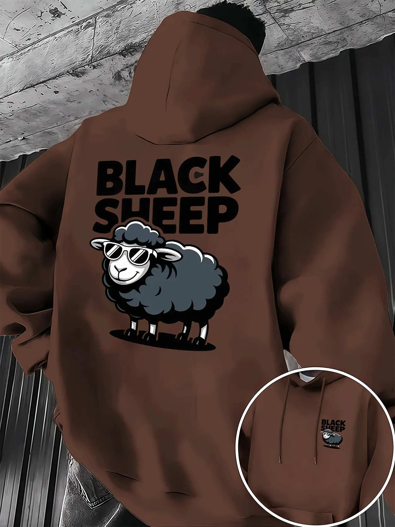 Herren-Hoodie für Herbst und Winter, Black Sheep, Cooles Cartoon-Schaf mit Sonnenbrille, Vorder- und Rückseitendruck, Streetwear-Fleece-Sweatshirt – Detail 3