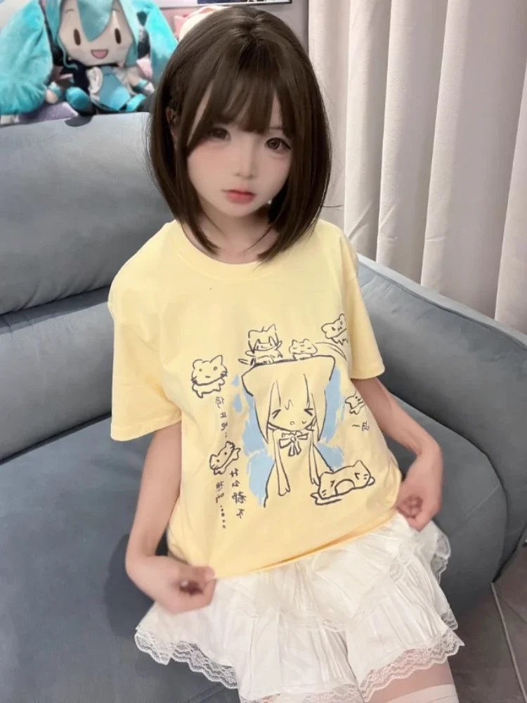 

QWEEK Harajuku Anime Kawaii T Shirt Women Girls Couples School Student Cute Tees Korean Short Sleeve Top 2025 Spring Summer