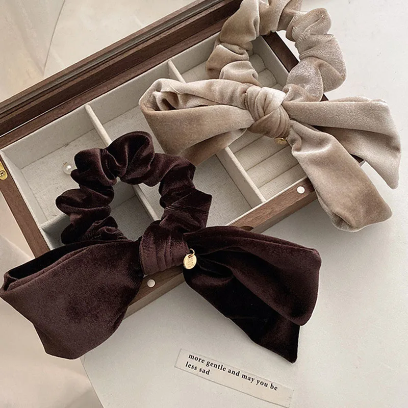 Female Retro French New Vintage Velvet Bow Large Bowel Elastic Hair Scrunchies Temperament Tie Ponytail Headdress