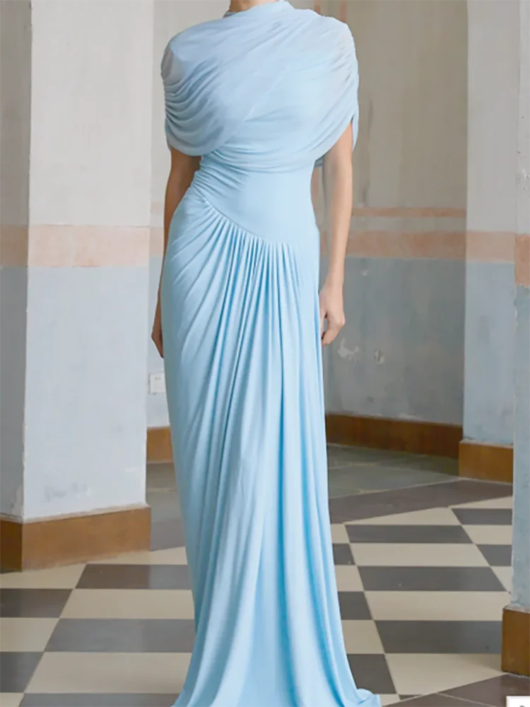 

Classic Simple High Collar Pleat Full Sleeve Straight Formal Evening Dresses Birthday Party Prom Gowns Customized