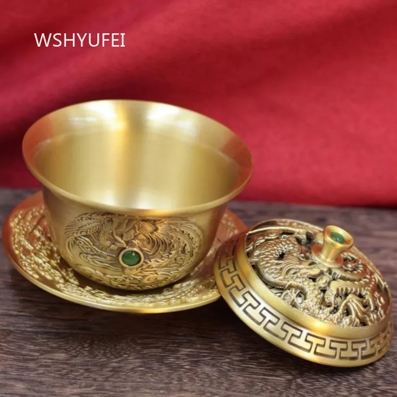 Copper Dragon Pattern Incense Burner With Saucer Hollow Carved Lid Inlaid Gem Chinese Style Copper Incense Holder Desktop Decor