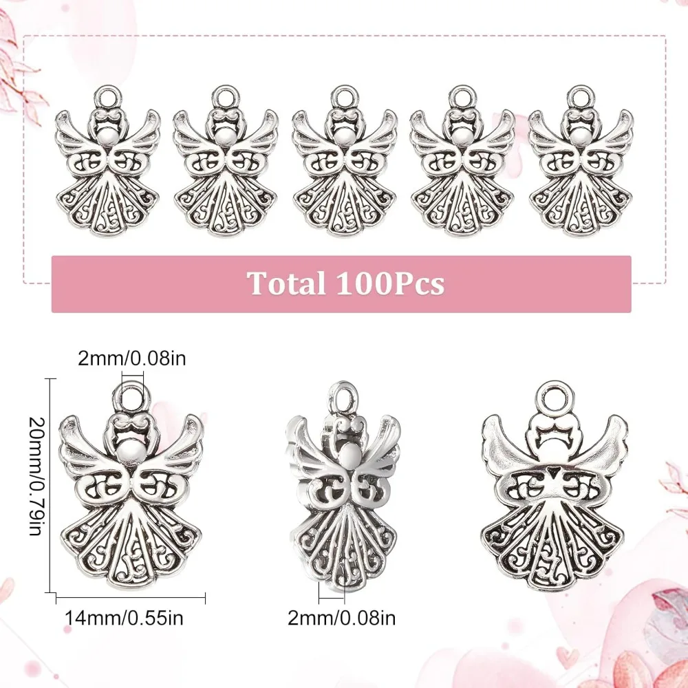 1 Box 100Pcs Angel Charms Style Angels Charm Antique Silver Alloy Christmas Angel Wing Charms for Jewelry making kit