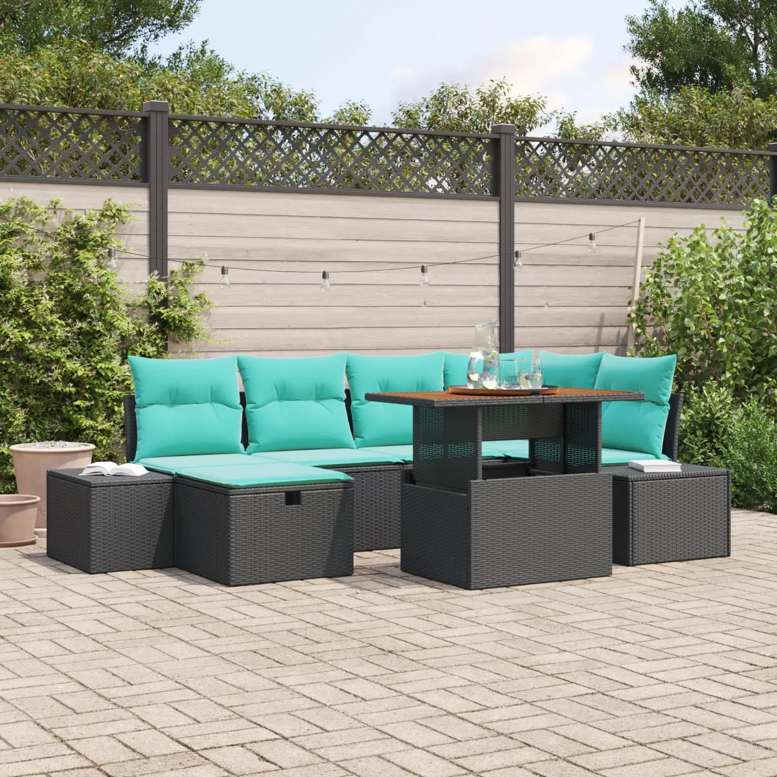 

7 Piece Outdoor Garden Sofa Set with Cushions Black Rattan and Acacia Wood Furniture
